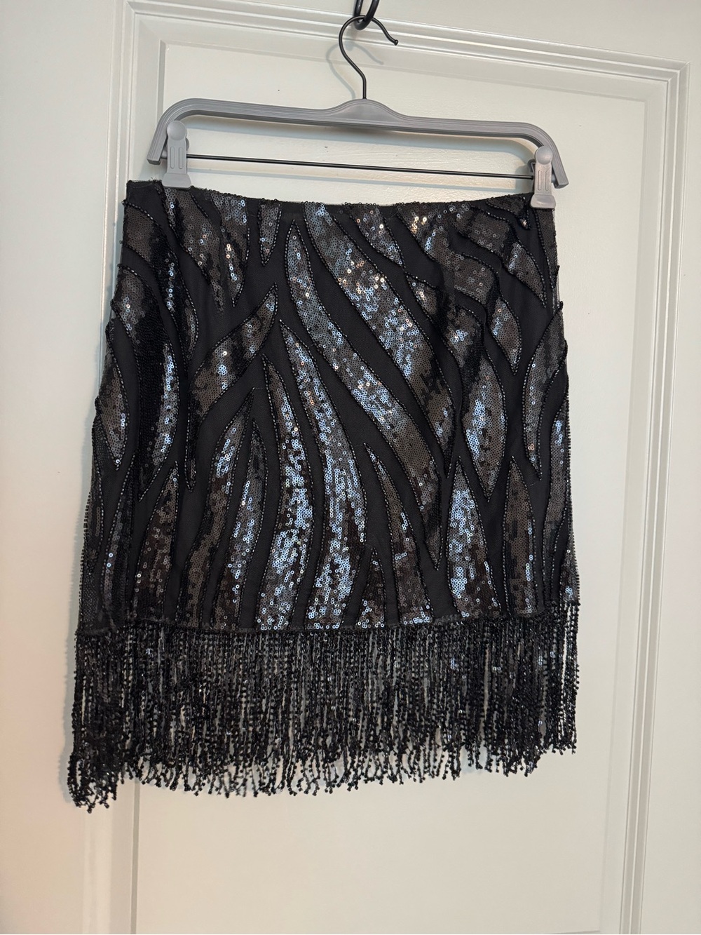 Zara Black Sequin Fringe Mini Skirt with Wave Pattern